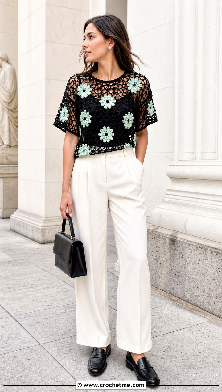 Black Floral Mesh Crochet Tee With Pleated Trousers - 15 black crochet top with flowers outfit ideas