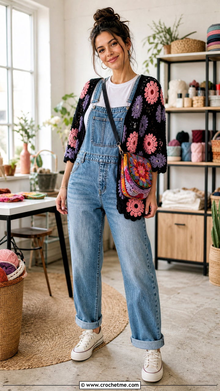 Black Floral Motif Crochet Shrug With Overalls - 35 black crochet shrug outfit ideas