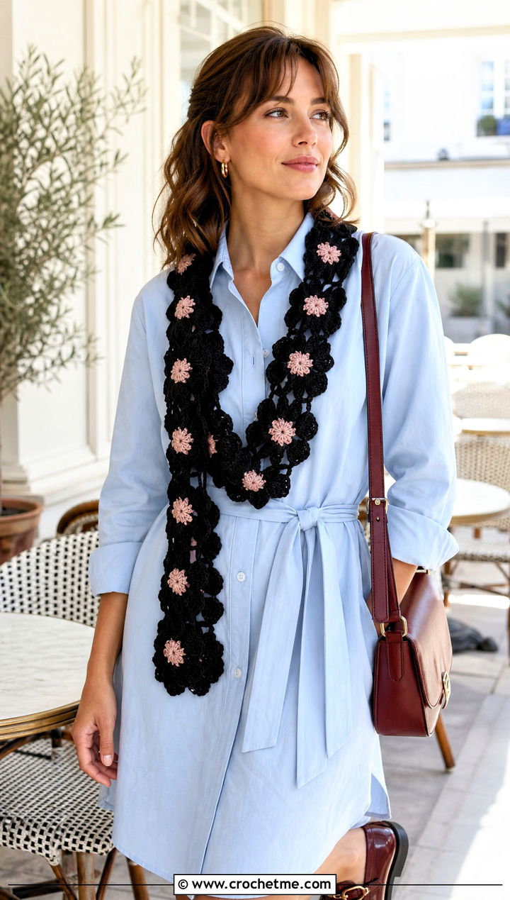Black Flower Motif Crochet Scarf With Shirt Dress And Loafers - 15 Handmade Black Crochet Scarf outfit ideas