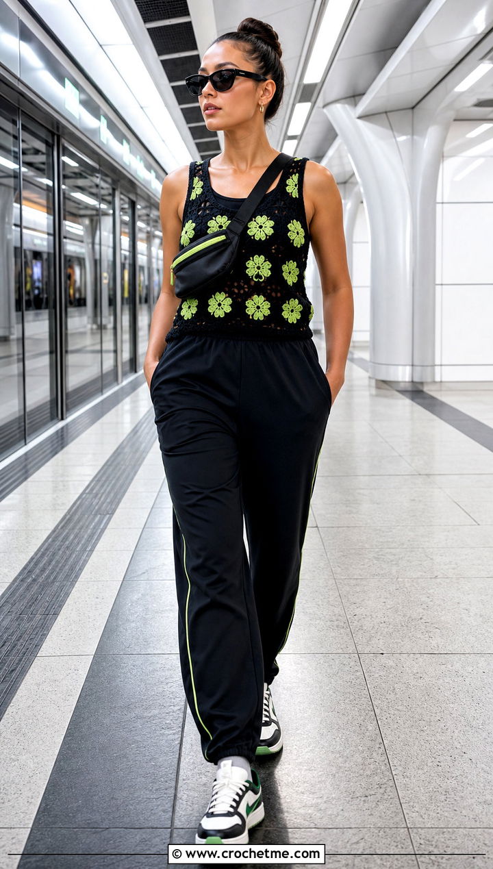 Black Flower Motif Crochet Tank With Track Pants - 15 black crochet top with flowers outfit ideas