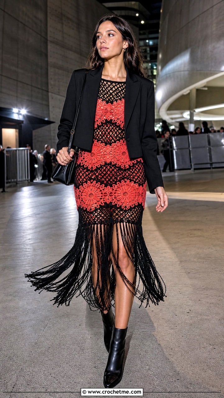 Black Fringe Crochet Dress With Ankle Boots - 35 black crochet dress outfit ideas