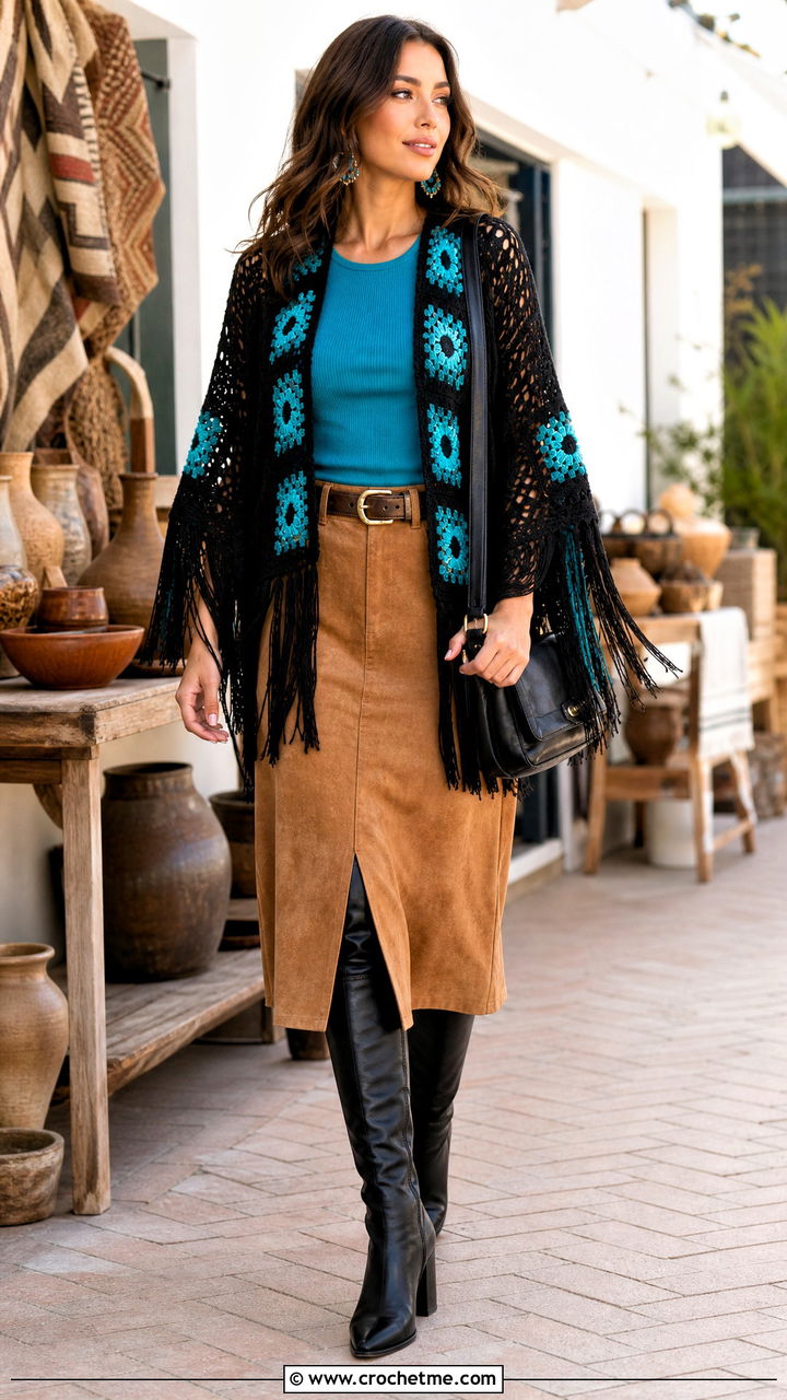 Black Fringe Crochet Shrug With Suede Skirt - 35 black crochet shrug outfit ideas