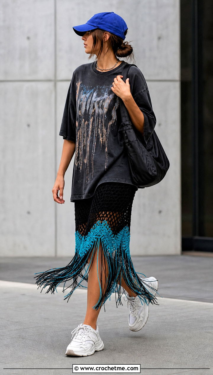 Black Fringe Crochet Skirt With Graphic T Shirt - 15 Black Crochet Skirt Design outfit ideas