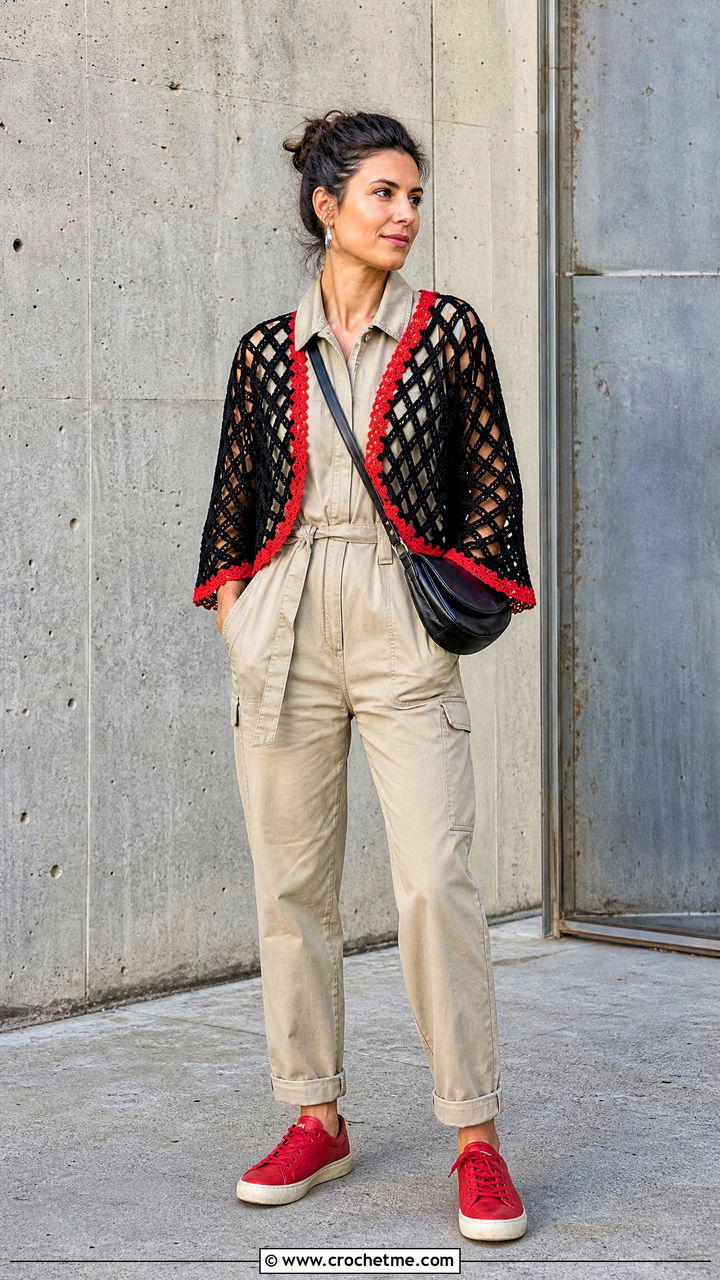 Black Geometric Lace Crochet Shrug With Utility Jumpsuit - 35 black crochet shrug outfit ideas