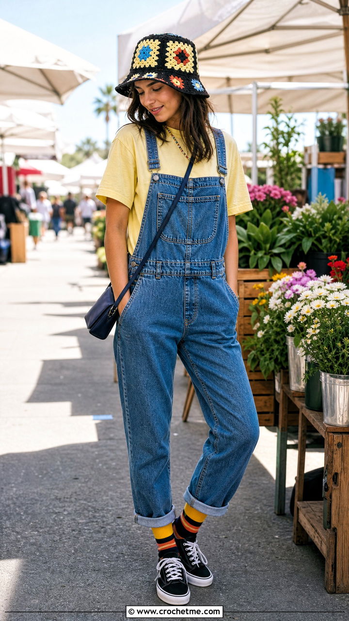 Black Granny Square Bucket Hat With Denim Overalls - 35 Black Crochet Hat outfit ideas