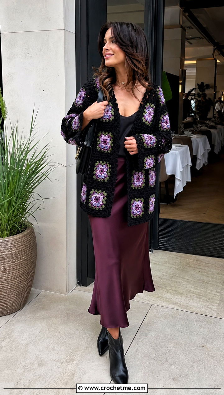 Black Granny Square Cardigan With Satin Midi Skirt - 25 black crochet clothes and outfit ideas