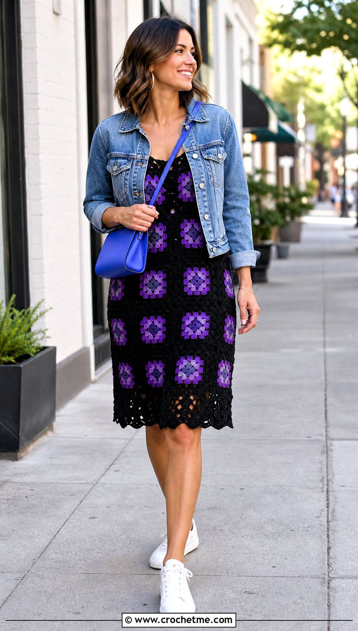 Black Granny Square Crochet Dress With Denim Jacket - 15 elegant black crochet dress outfit ideas