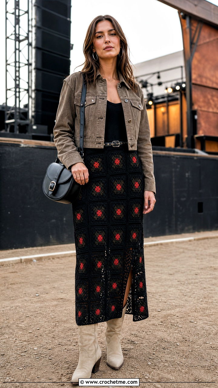 Black Granny Square Crochet Dress With Western Boots - 35 black crochet dress outfit ideas