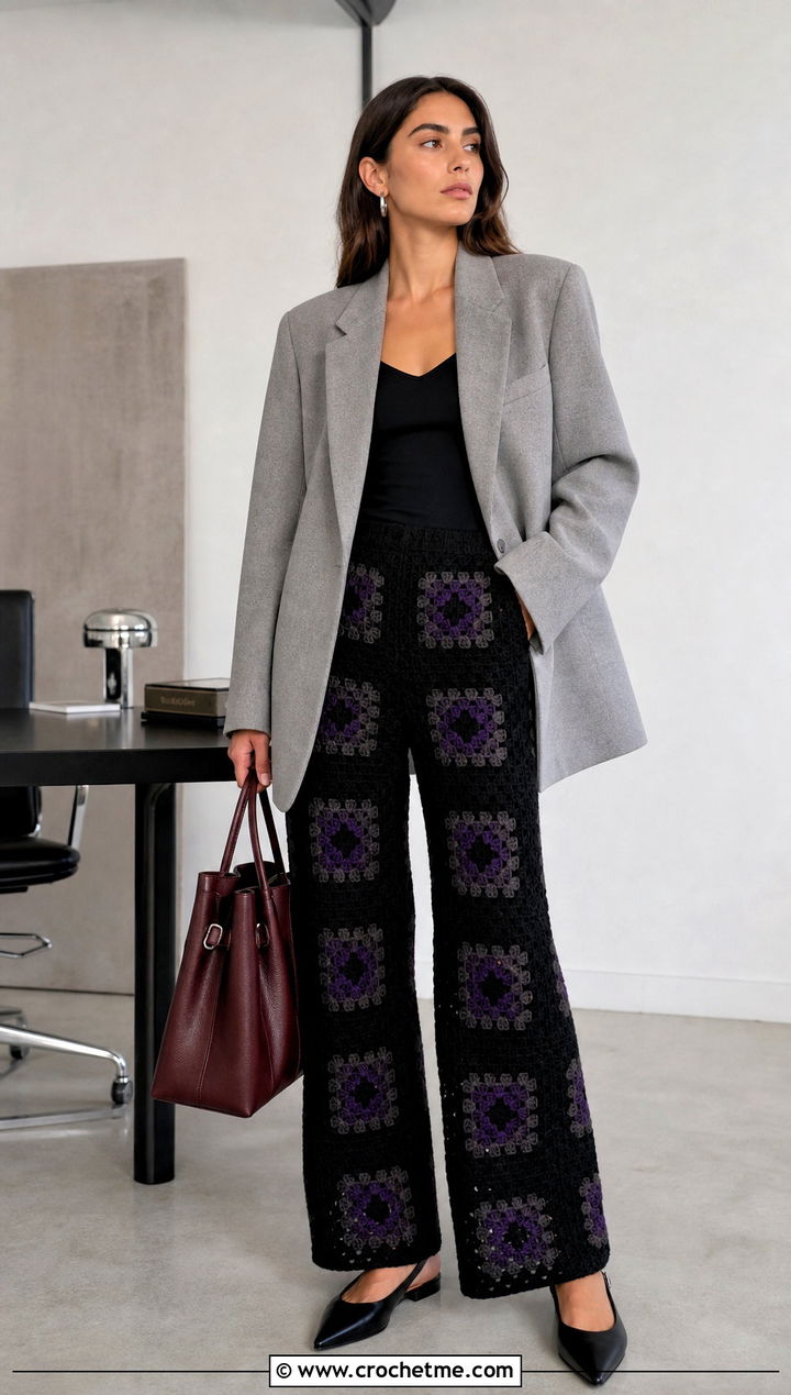 Black Granny Square Crochet Pants With Oversized Blazer - 25 Granny Square Crochet Pants outfit ideas