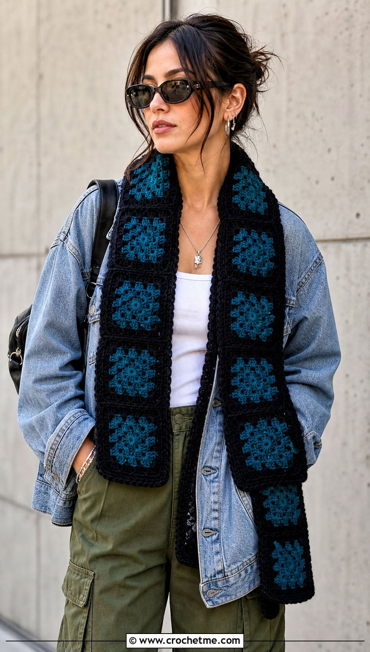 Black Granny Square Crochet Scarf With Denim Jacket And Cargo Pants - 15 Handmade Black Crochet Scarf outfit ideas