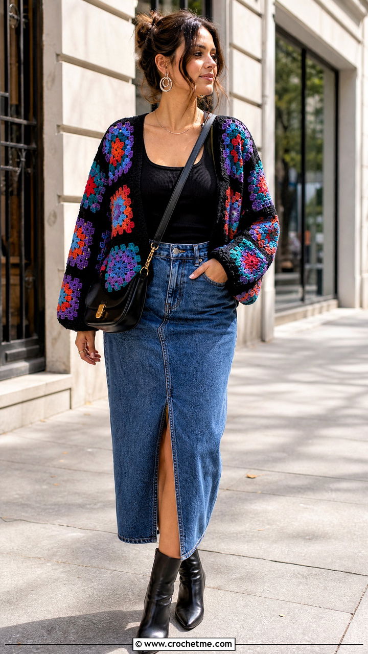 Black Granny Square Crochet Shrug With Denim Midi Skirt - 35 black crochet shrug outfit ideas