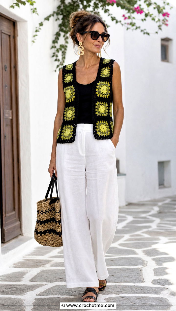 Black Granny Square Crochet Summer Vest With White Linen Pants - 15 Black Crochet Summer Vest outfit ideas