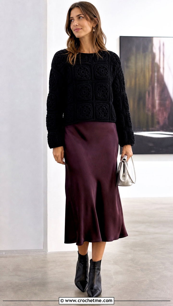 Black Granny Square Crochet Sweater With Satin Midi Skirt - 15 black crochet sweater fall fashion and outfit ideas