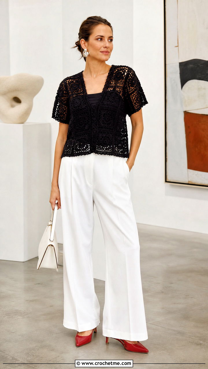 Black Granny Square Crochet Top With White Trousers - 35 black crochet top outfit ideas