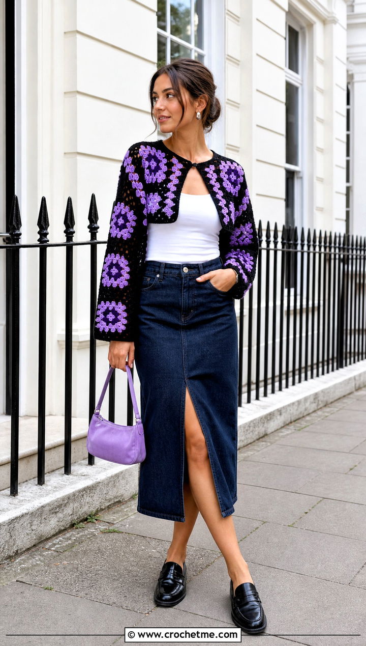 Black Granny Stitch Crochet Bolero With Denim Midi Skirt - 25 black crochet bolero outfit ideas