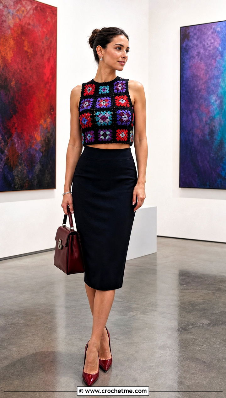 Black Ground Granny Square Crop Top With Pencil Skirt - 30 granny square crop top outfit ideas