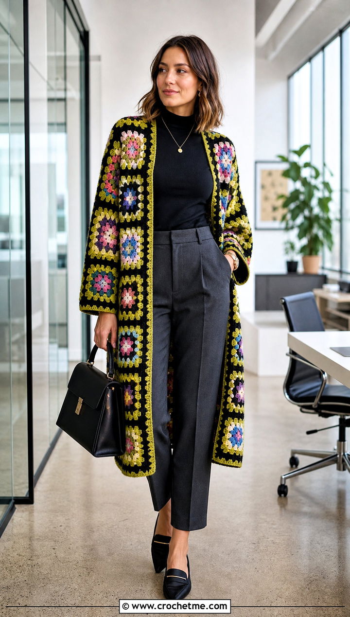 Black Ground Granny Square Long Cardigan With Tailored Trousers - 25 crochet granny square long cardigan outfit ideas