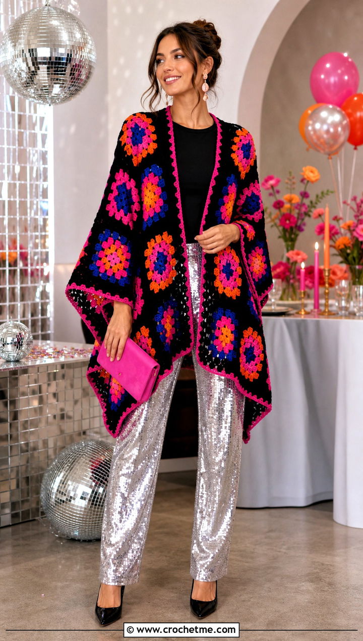Black Ground Granny Square Ruana With Sequin Pants - 25 Granny Square Ruana outfit ideas