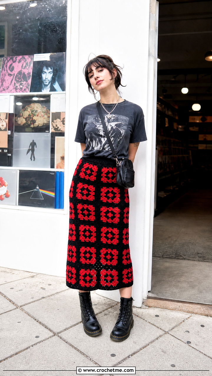 Black Ground Granny Square Skirt With Graphic T Shirt - 35 crochet granny skirt outfit ideas