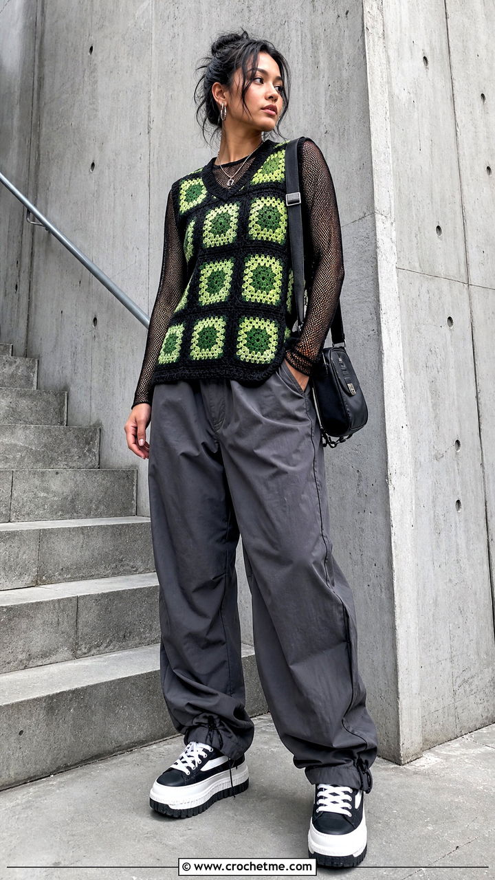 Black Ground Granny Square Sweater Vest With Parachute Pants - 35 granny square sweater vest outfit ideas