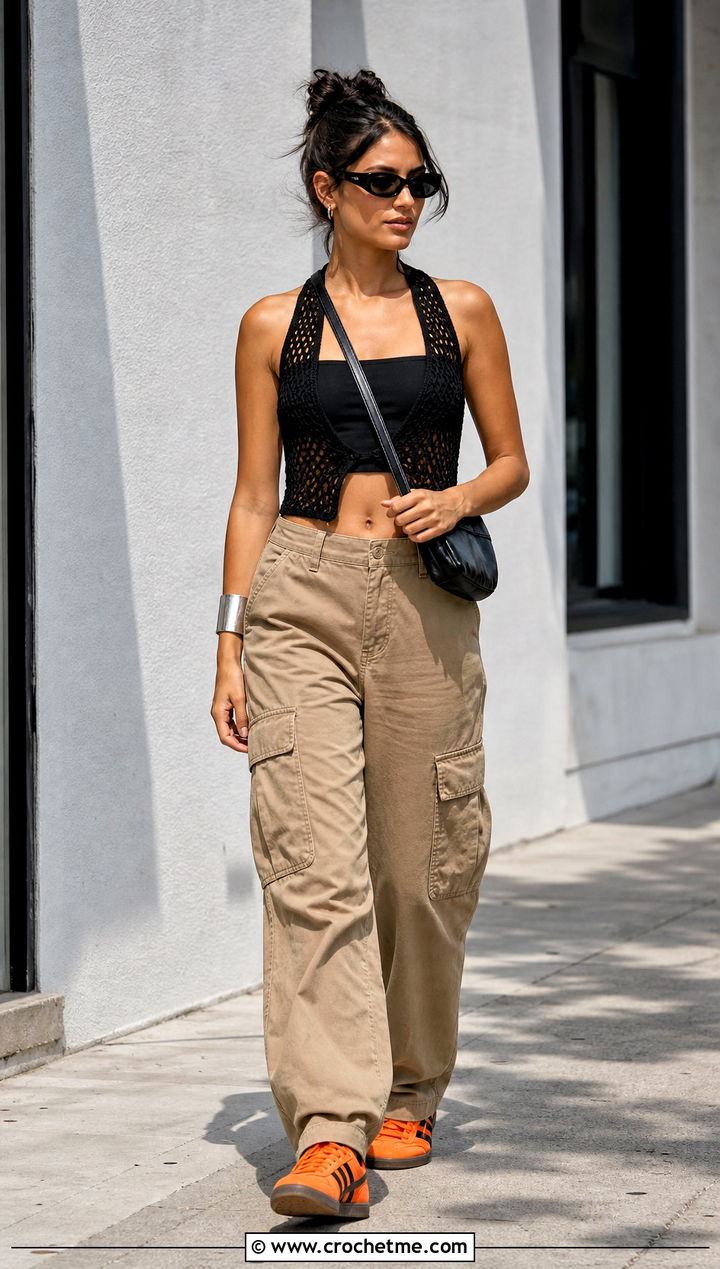 Black Halter Crochet Summer Vest With Cargo Pants - 15 Black Crochet Summer Vest outfit ideas