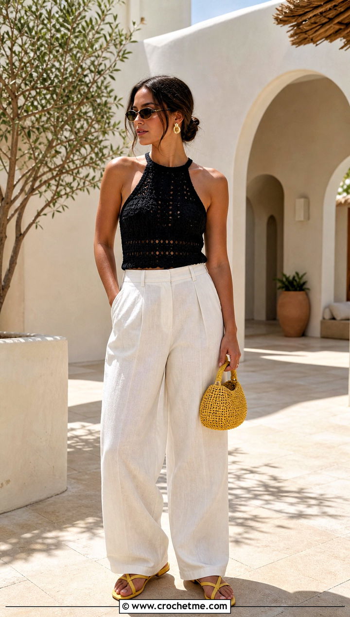 Black Halter Crochet Tank Top With Linen Trousers - 30 Black Crochet Tank Top outfit ideas