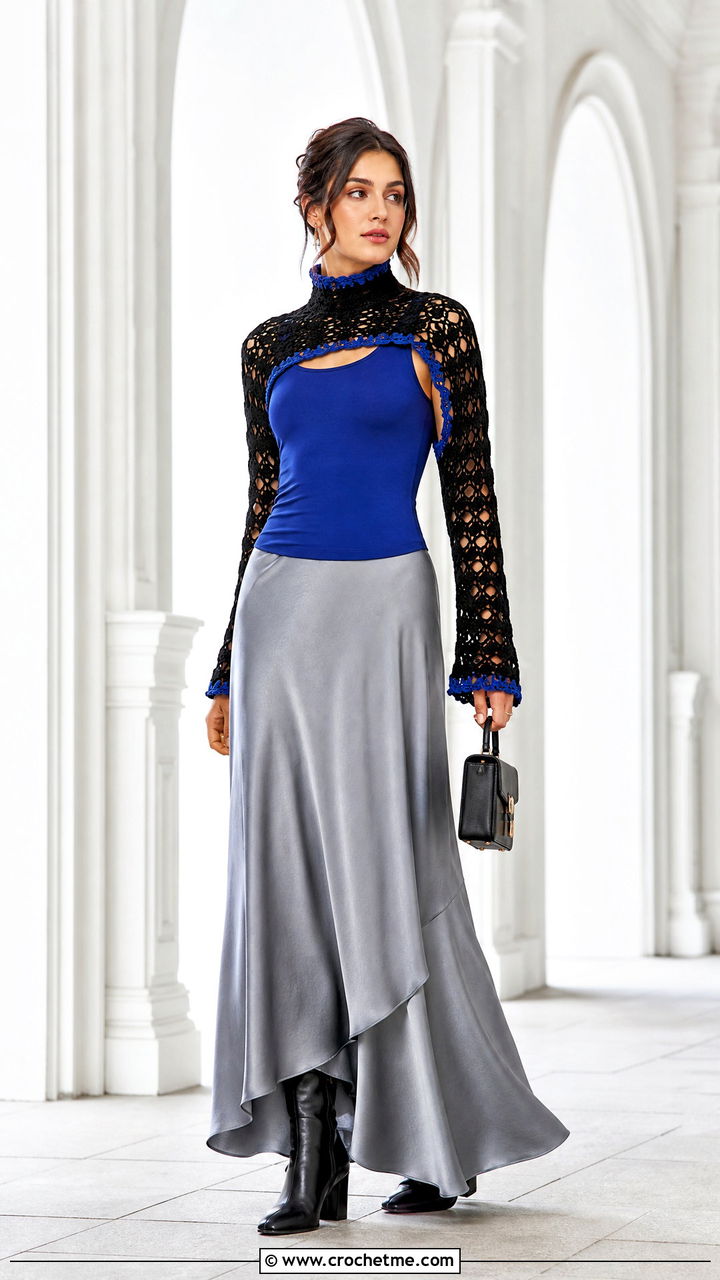 Black High Neck Crochet Shrug With Maxi Skirt - 35 black crochet shrug outfit ideas