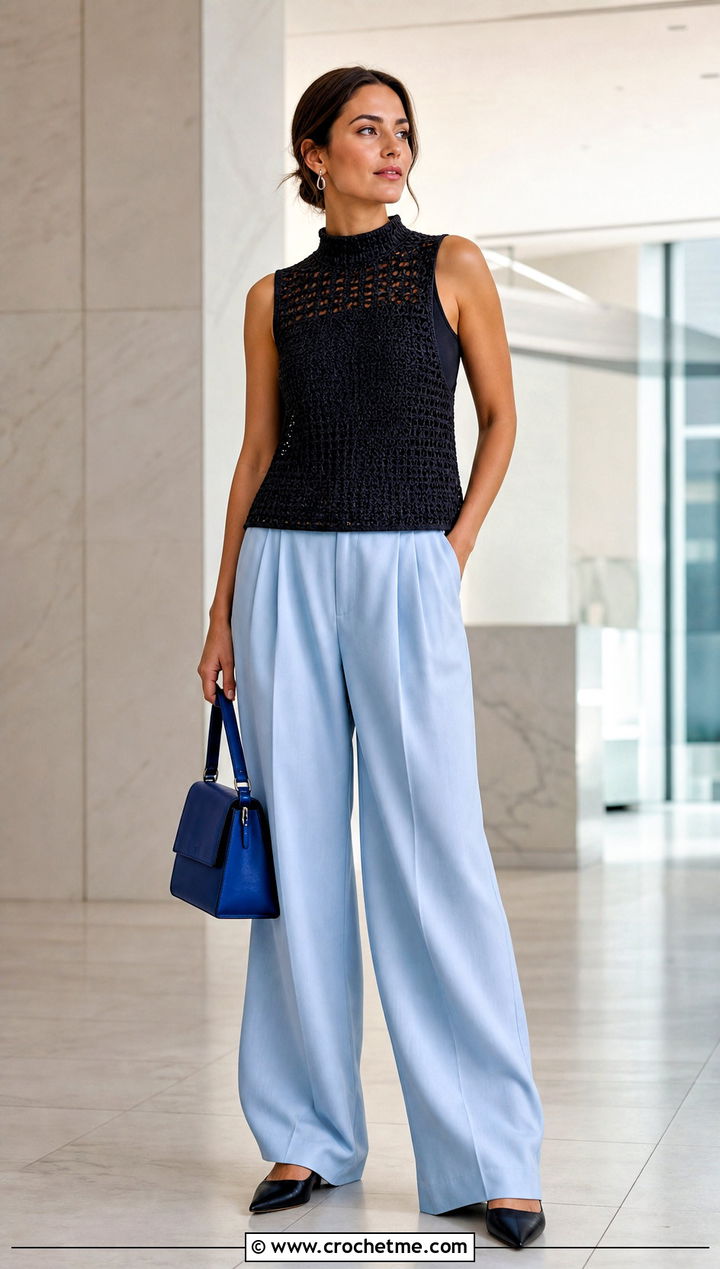 Black High Neck Crochet Summer Vest With Pleated Trousers - 15 Black Crochet Summer Vest outfit ideas