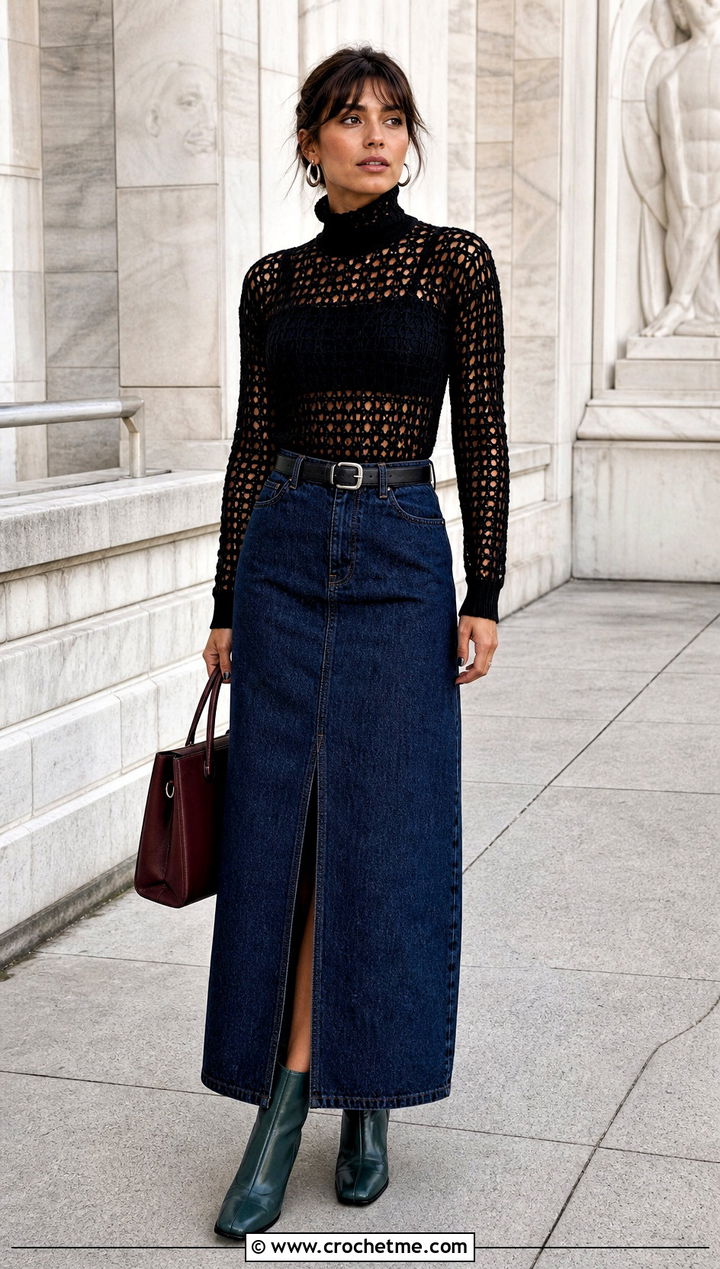 Black High Neck Crochet Top With Denim Maxi Skirt - 15 zara black crochet top outfit ideas