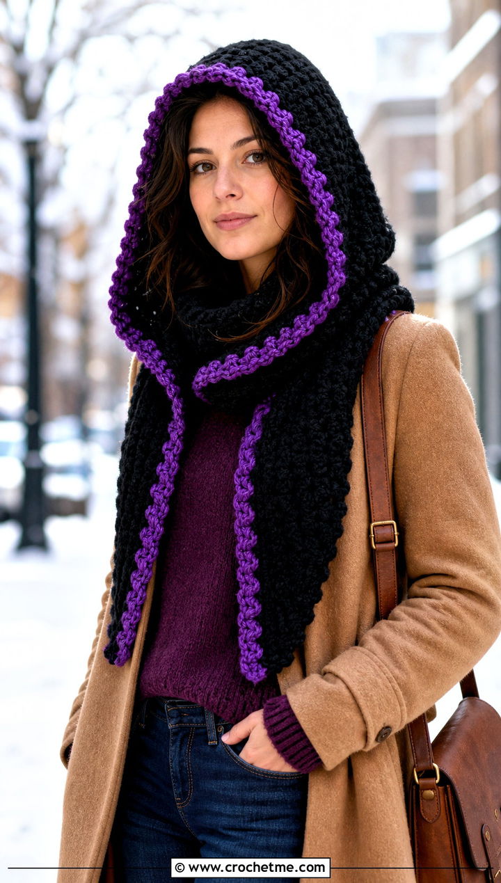 Black Hooded Crochet Scarf With Wool Coat And Straight Leg Jeans - 15 Handmade Black Crochet Scarf outfit ideas