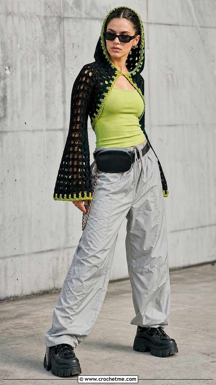 Black Hooded Crochet Shrug With Parachute Pants - 35 black crochet shrug outfit ideas
