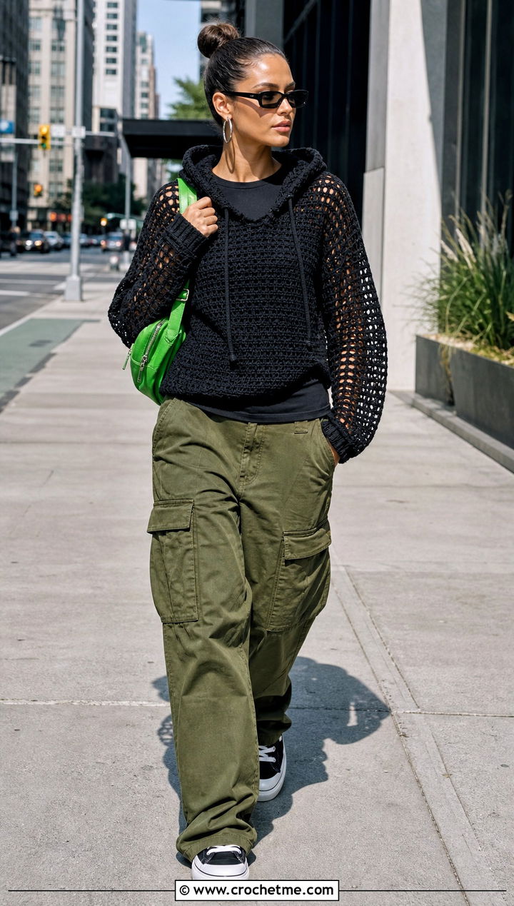 Black Hooded Crochet Sweater With Cargo Pants - 15 black crochet sweater fall fashion and outfit ideas