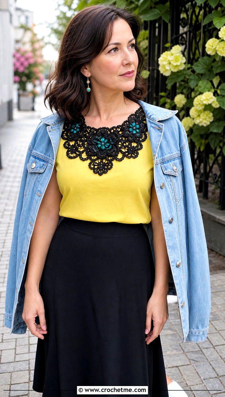 Black Irish Crochet Collar With Denim Jacket And Midi Skirt - 15 Black Crocheted Lace Collar outfit ideas