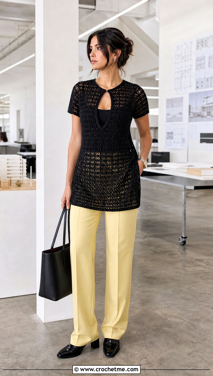 Black Keyhole Crochet Dress With Tailored Trousers - 15 elegant black crochet dress outfit ideas