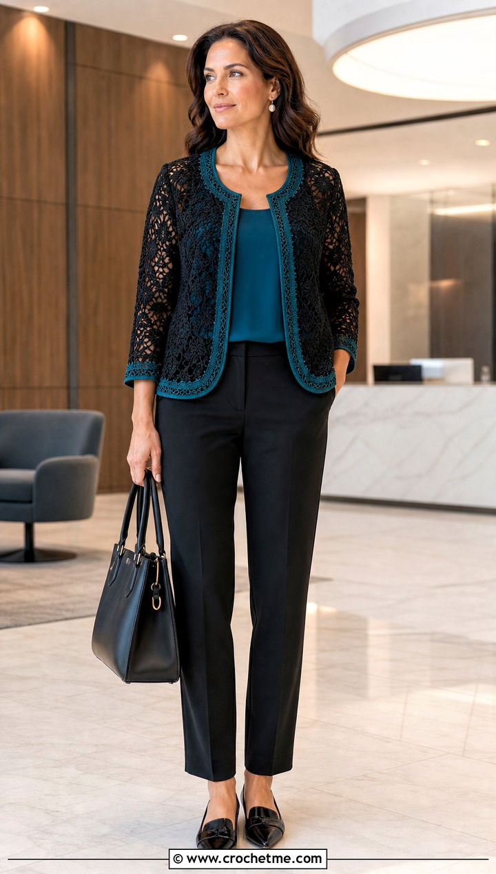 Black Lace Crochet Bolero With Tailored Trousers - 25 black crochet bolero outfit ideas