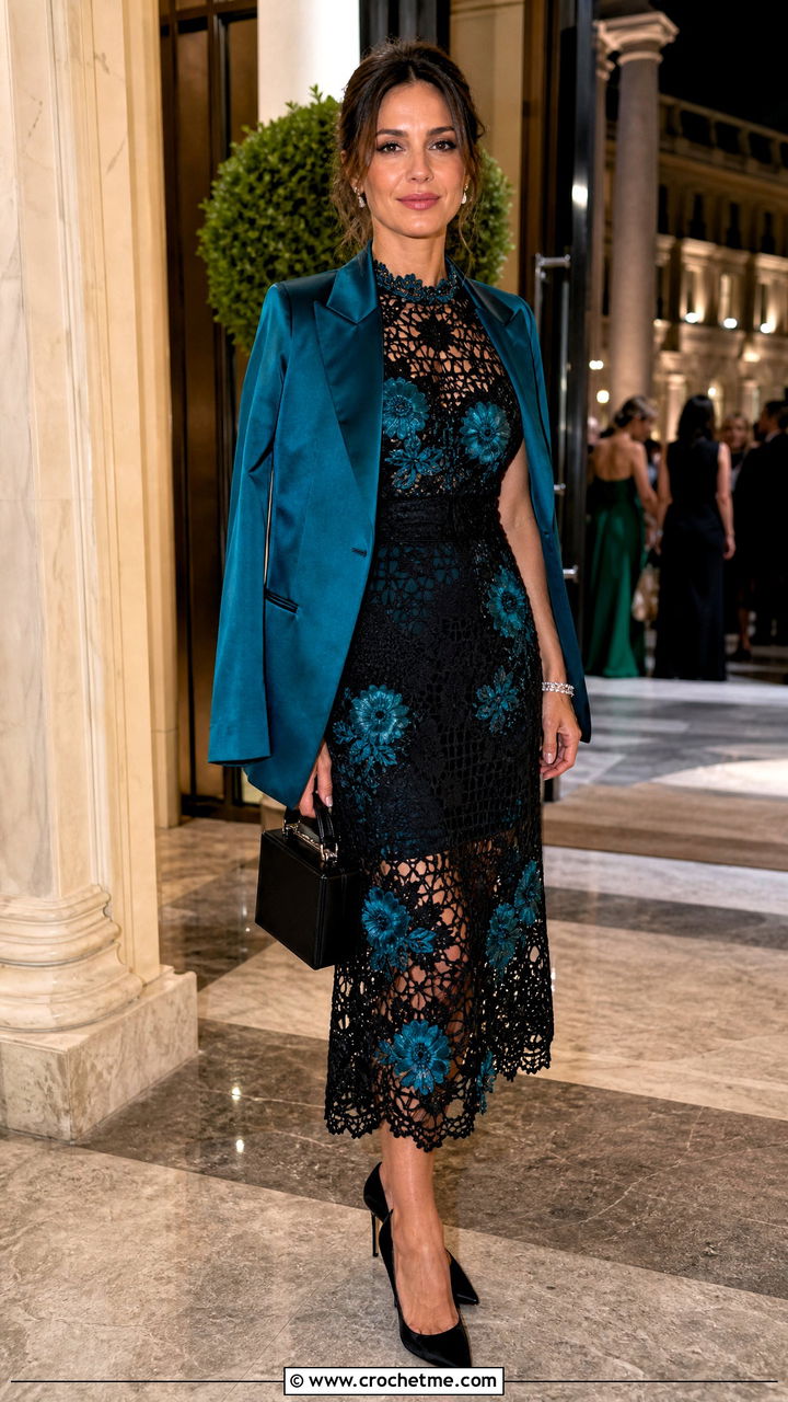 Black Lace Crochet Dress With Satin Blazer - 35 black crochet dress outfit ideas