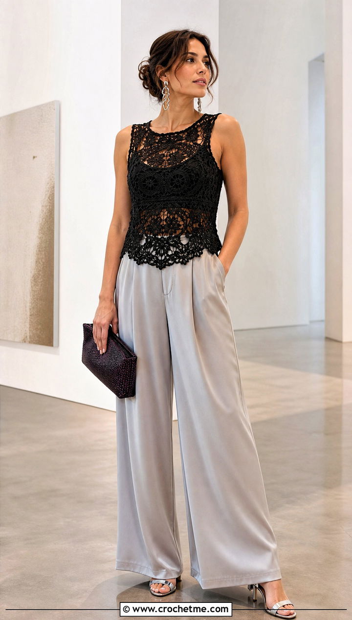 Black Lace Crochet Tank Top With Silk Wide Leg Pants - 30 Black Crochet Tank Top outfit ideas