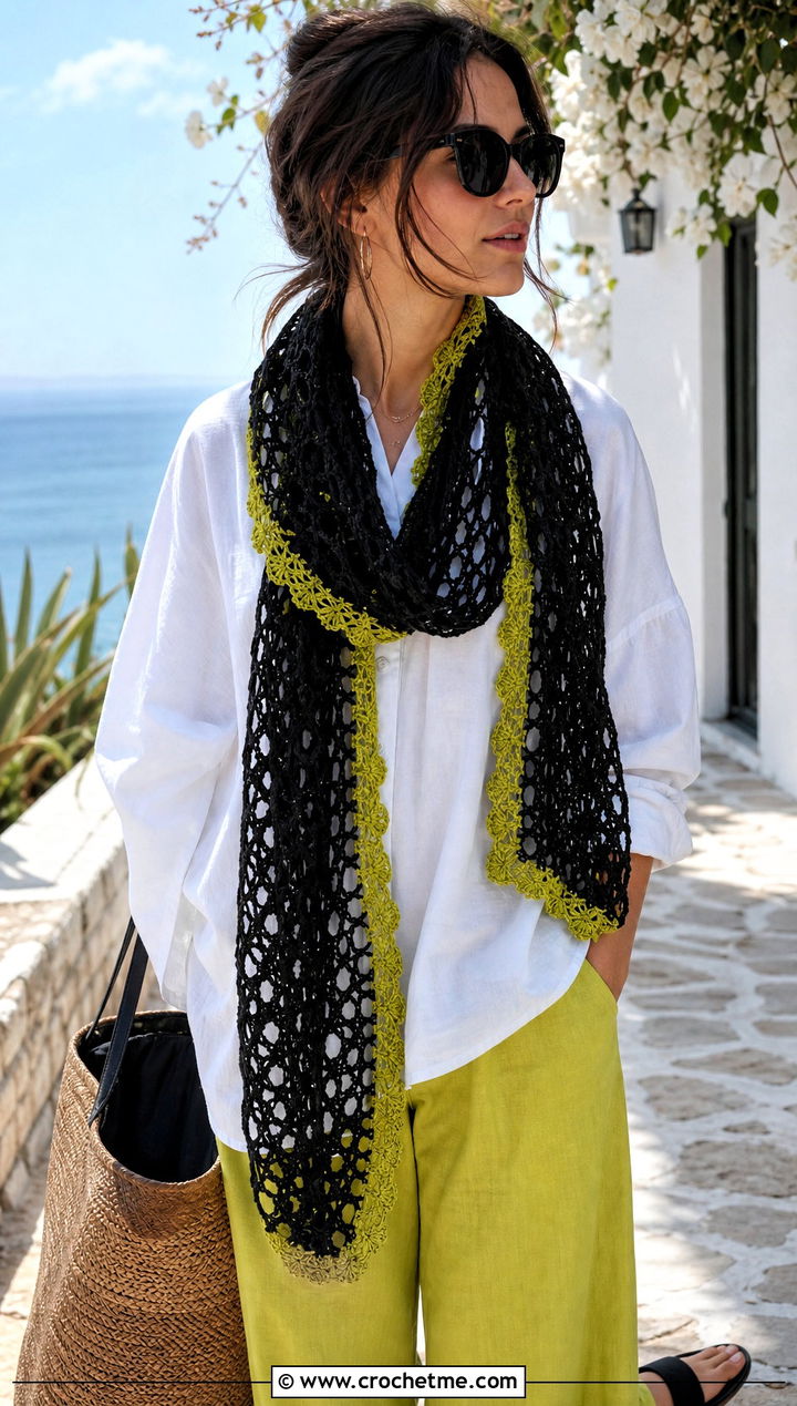 Black Lace Mesh Crochet Scarf With Linen Shirt And Wide Leg Pants - 15 Handmade Black Crochet Scarf outfit ideas