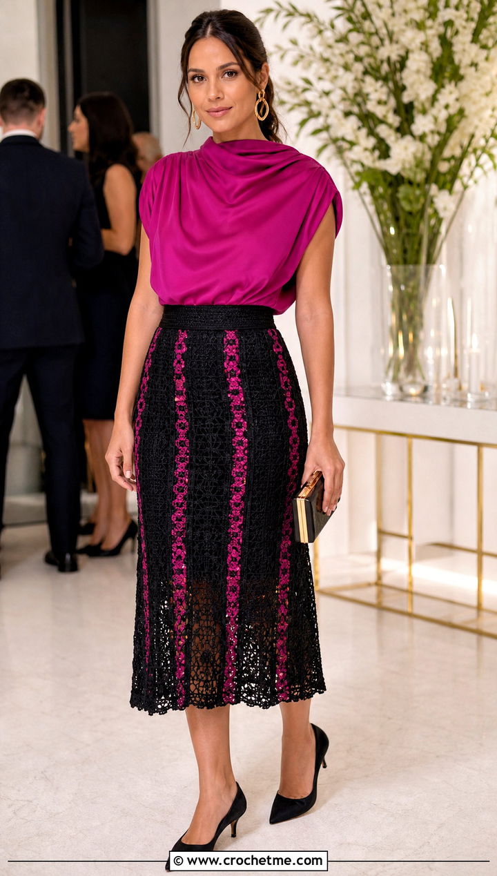 Black Lace Panel Crochet Skirt With Draped Blouse - 15 Black Crochet Skirt Design outfit ideas
