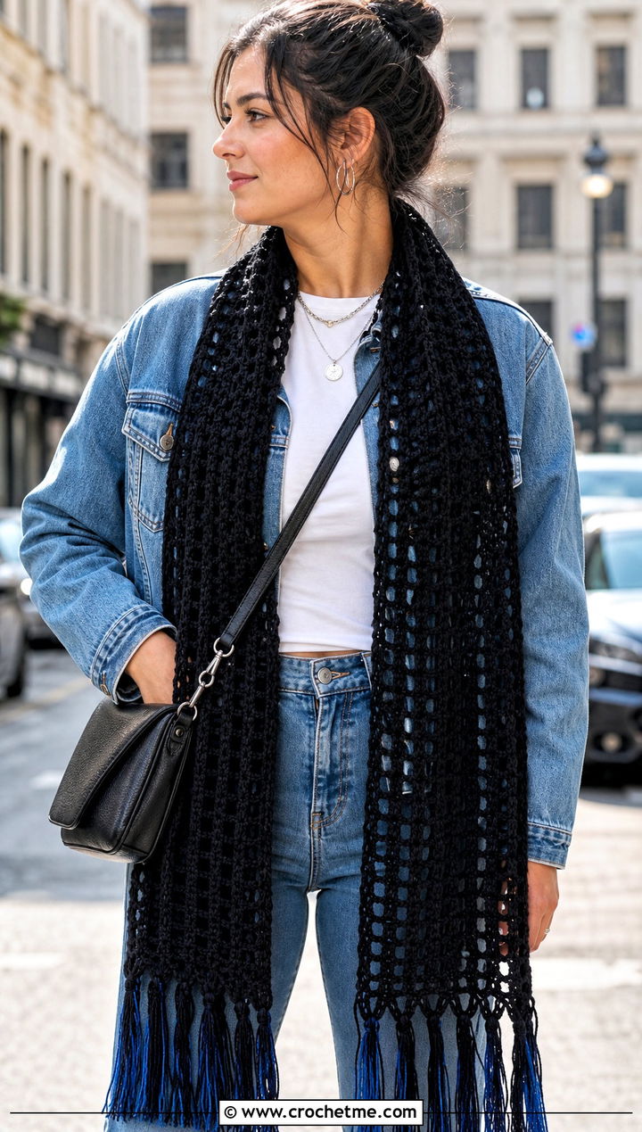 Black Long Fringe Crochet Scarf With White Tee And Jeans - 15 Handmade Black Crochet Scarf outfit ideas