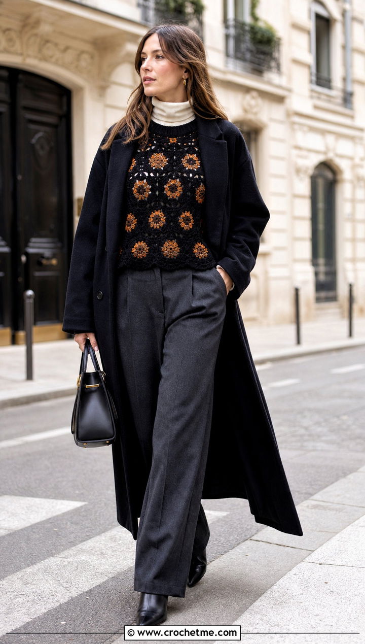 Black Long Sleeve Flower Crochet Top With Wool Pants - 15 black crochet top with flowers outfit ideas
