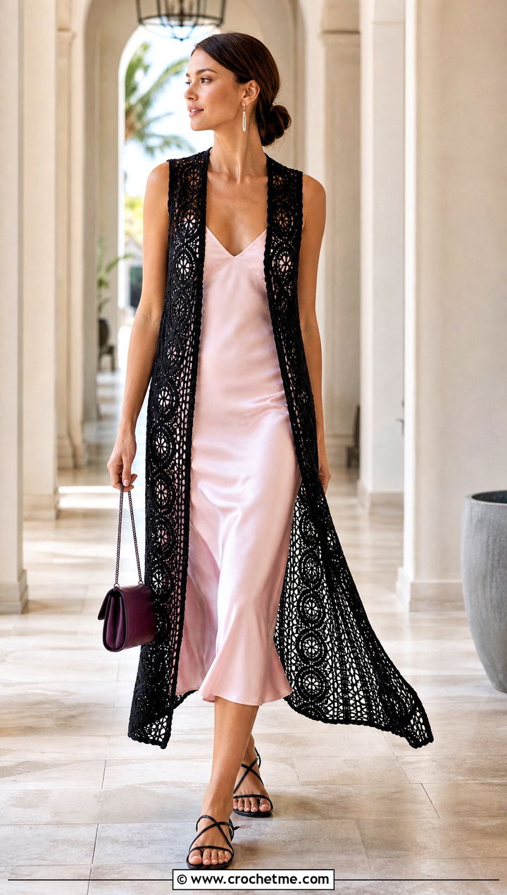 Black Longline Crochet Summer Vest With Slip Dress - 15 Black Crochet Summer Vest outfit ideas