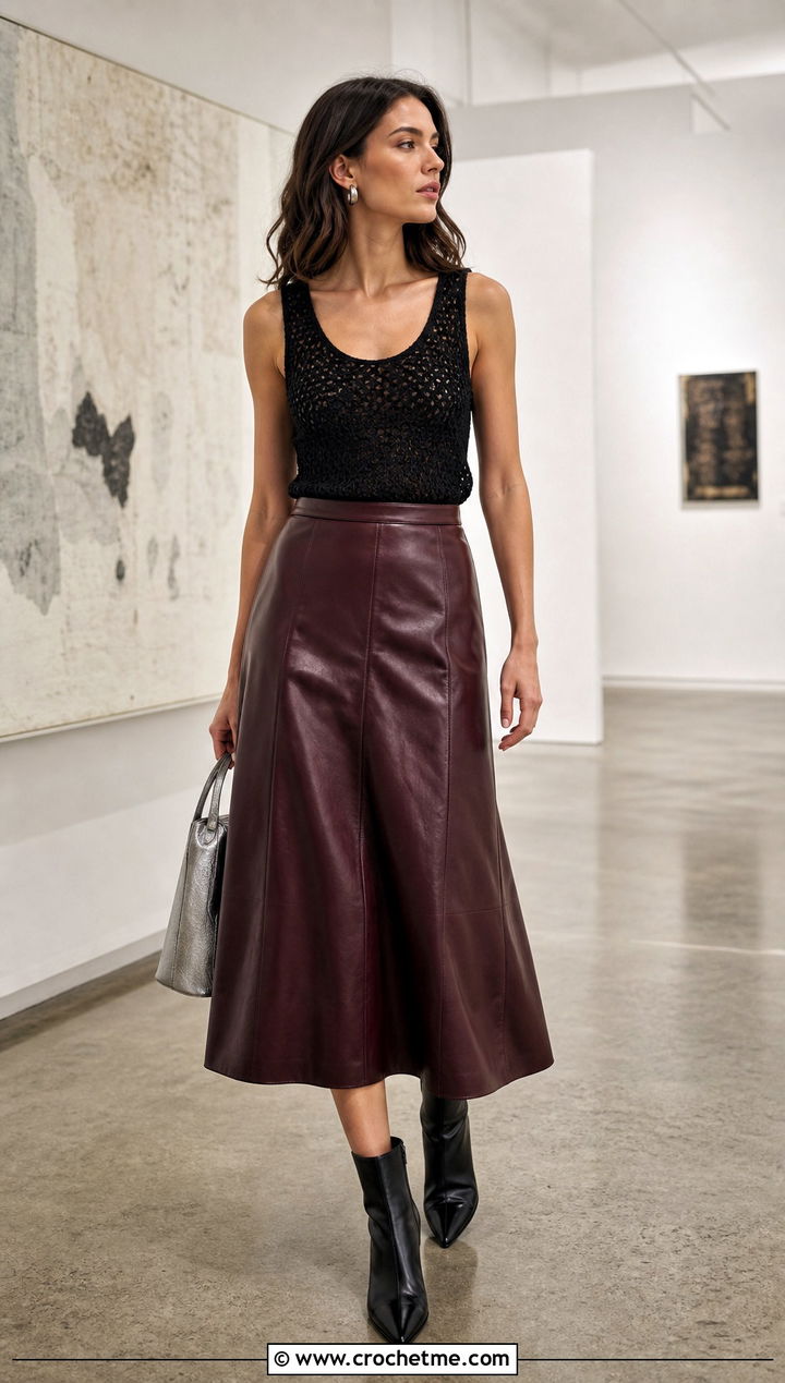 Black Longline Crochet Tank Top With Leather Midi Skirt - 30 Black Crochet Tank Top outfit ideas