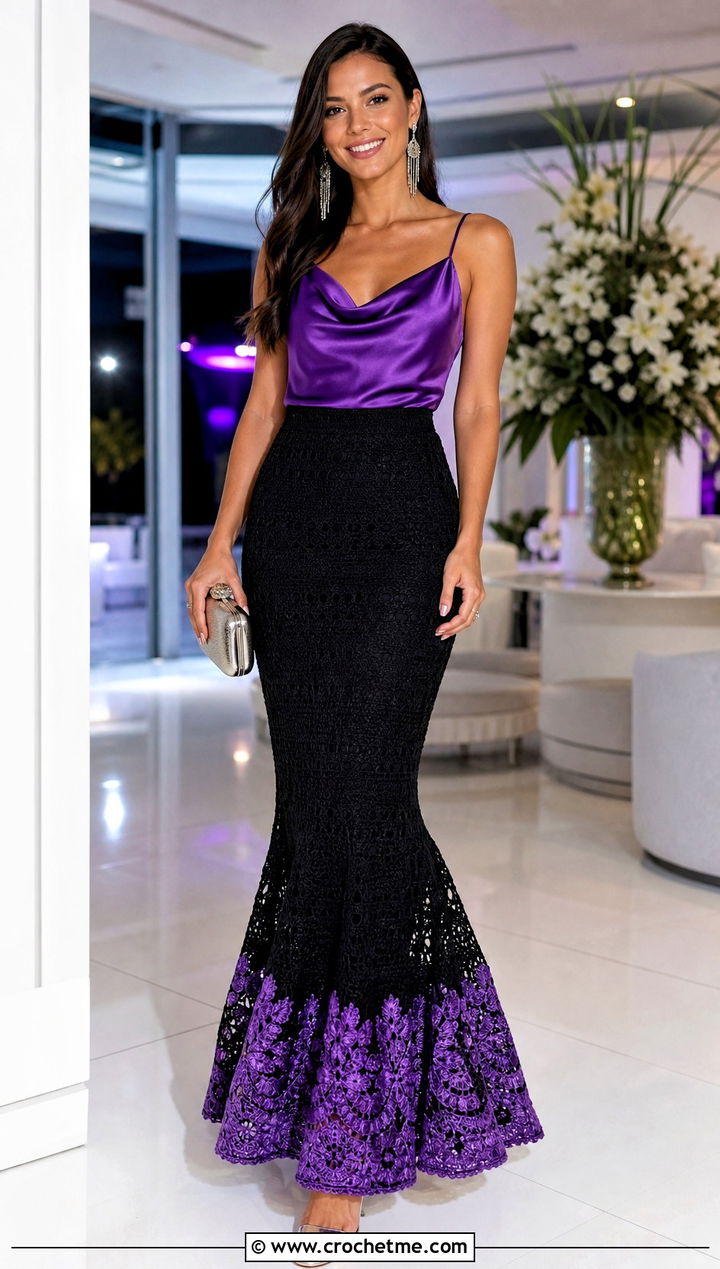 Black Mermaid Crochet Maxi Skirt With Satin Camisole - 15 Black Crochet Skirt Design outfit ideas