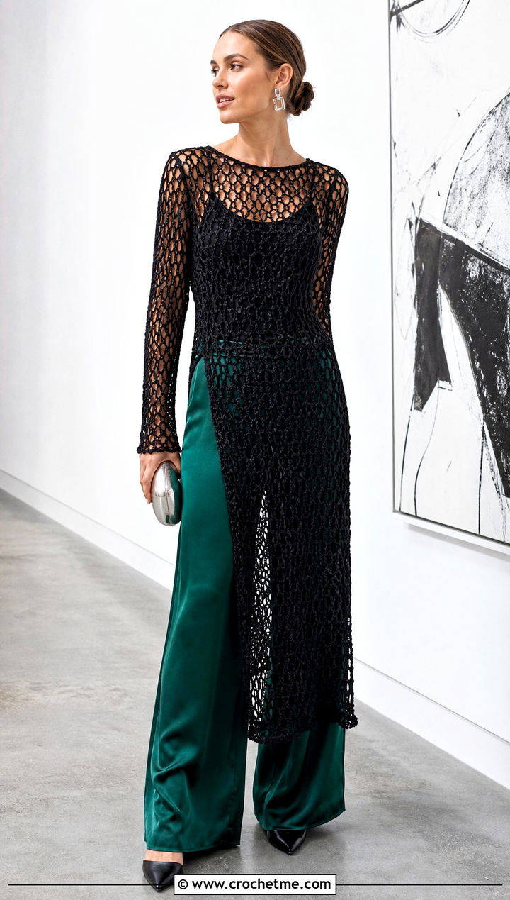 Black Mesh Crochet Column Dress With Satin Pants - 15 elegant black crochet dress outfit ideas