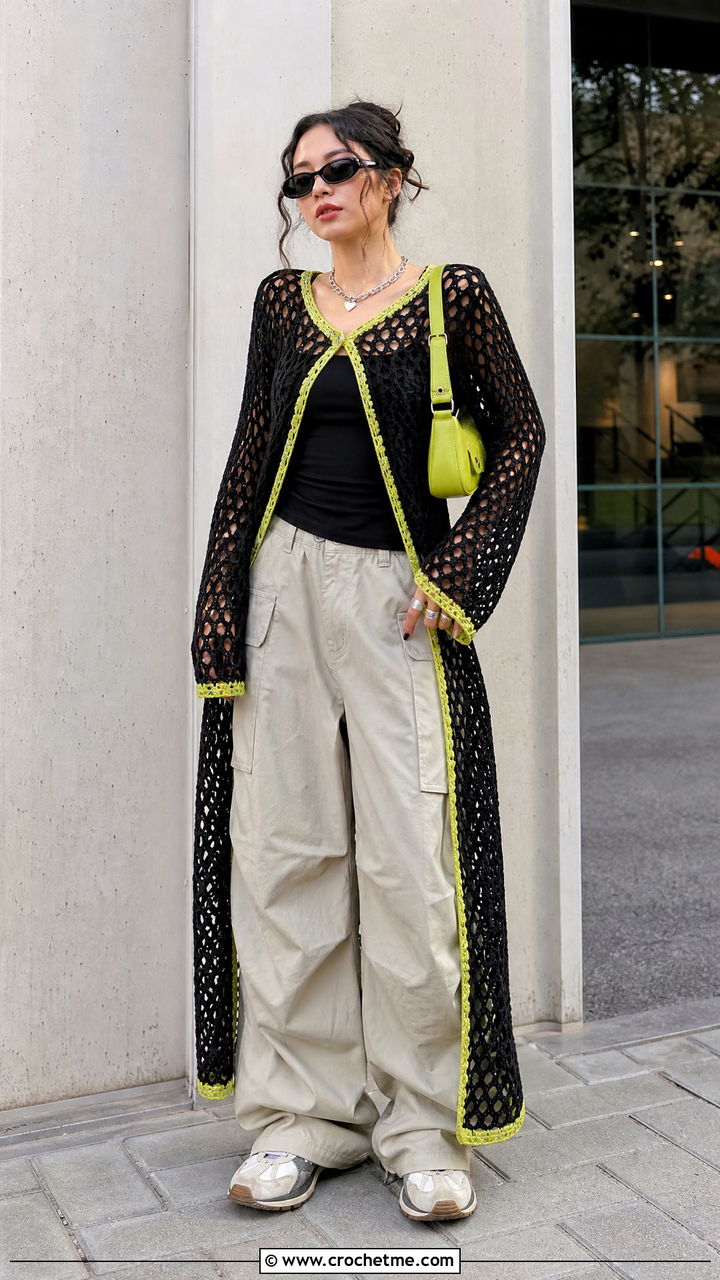 Black Mesh Crochet Dress With Cargo Pants - 35 black crochet dress outfit ideas