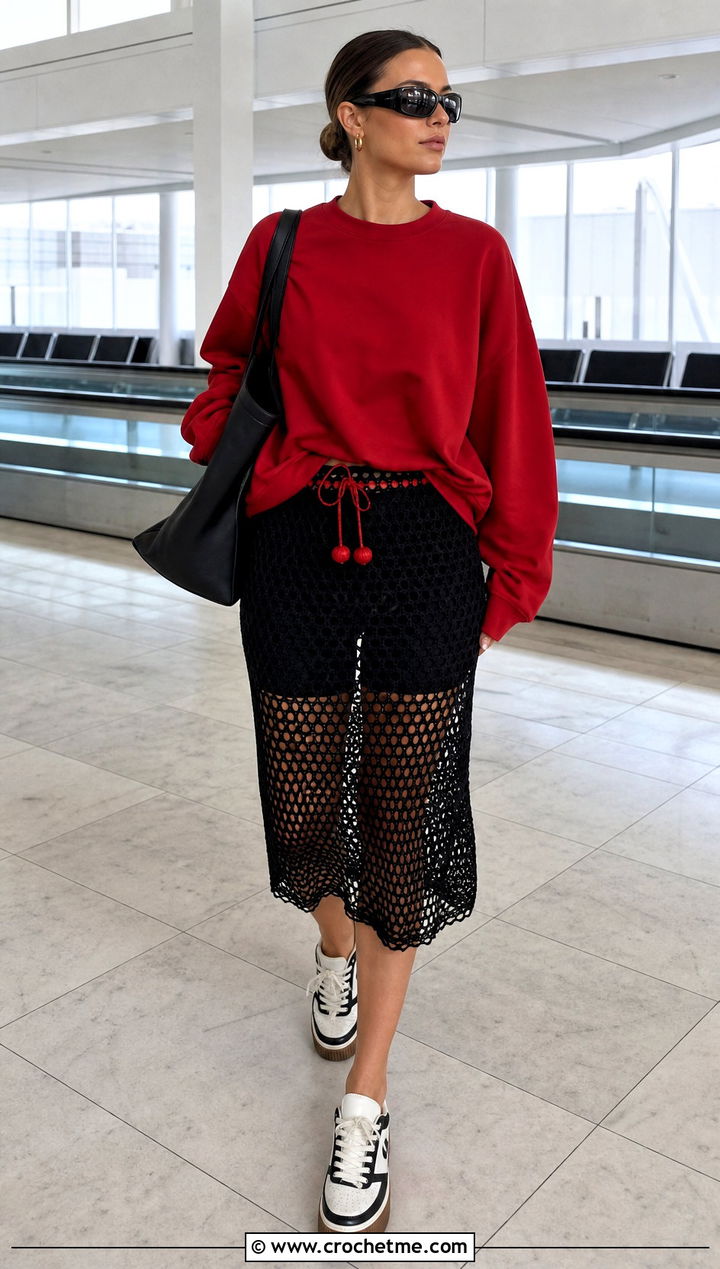 Black Mesh Crochet Skirt With Oversized Sweatshirt - 15 Black Crochet Skirt Design outfit ideas