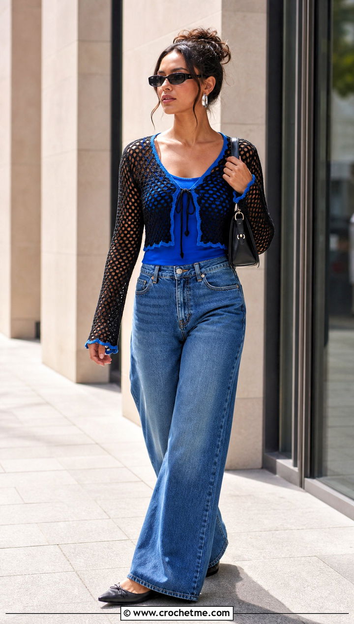 Black Mesh Tie Front Crochet Bolero With Wide Leg Jeans - 25 black crochet bolero outfit ideas