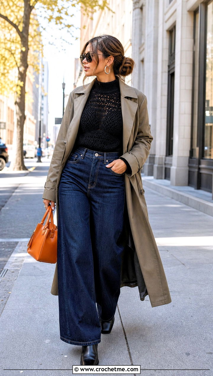 Black Mock Neck Crochet Sweater With Dark Wide Leg Jeans - 15 black crochet sweater fall fashion and outfit ideas