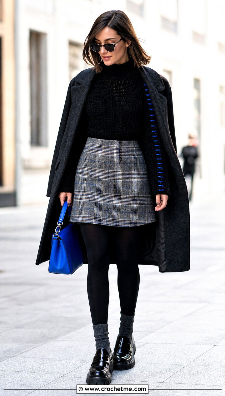 Black Mock Neck Crochet Sweater With Plaid Mini Skirt - 15 black and gray crochet sweater outfit ideas